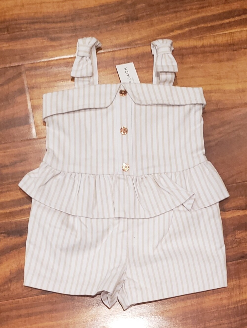 Janie and Jack NWT 2T cream and tan striped canvas romper